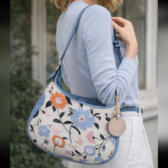 Kate Spade Penny Floral Jacquard Small Hobo + Rose Leather Circle Mirror Charm - Picture 16 of 16